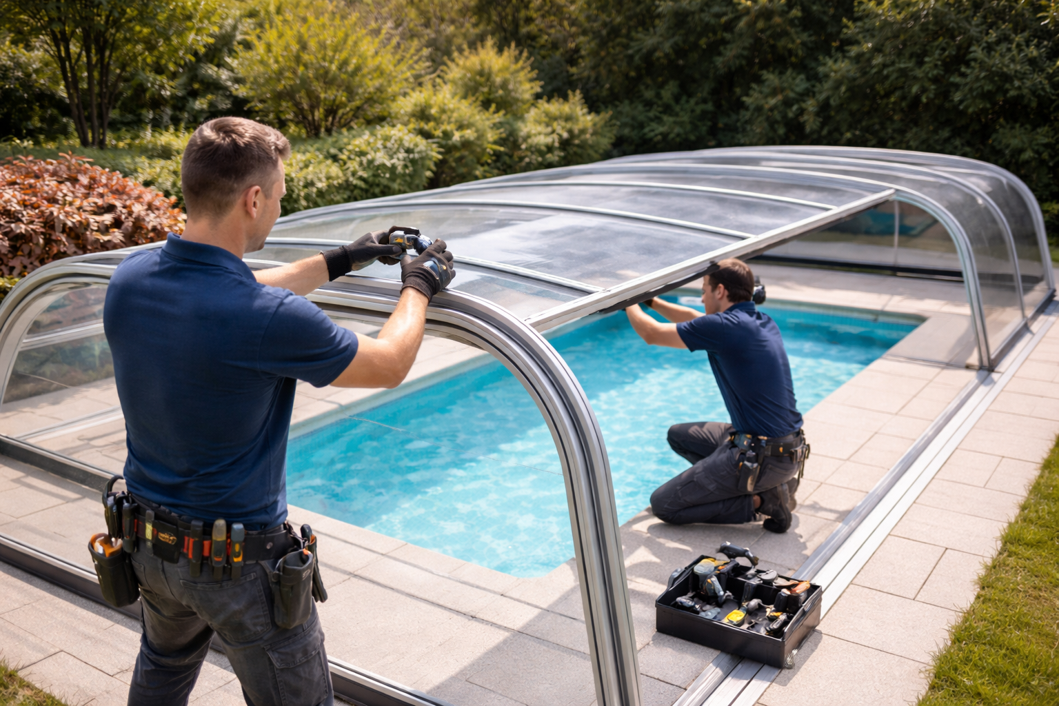 Poolüberdachung wird installiert bei Sonnenschein
